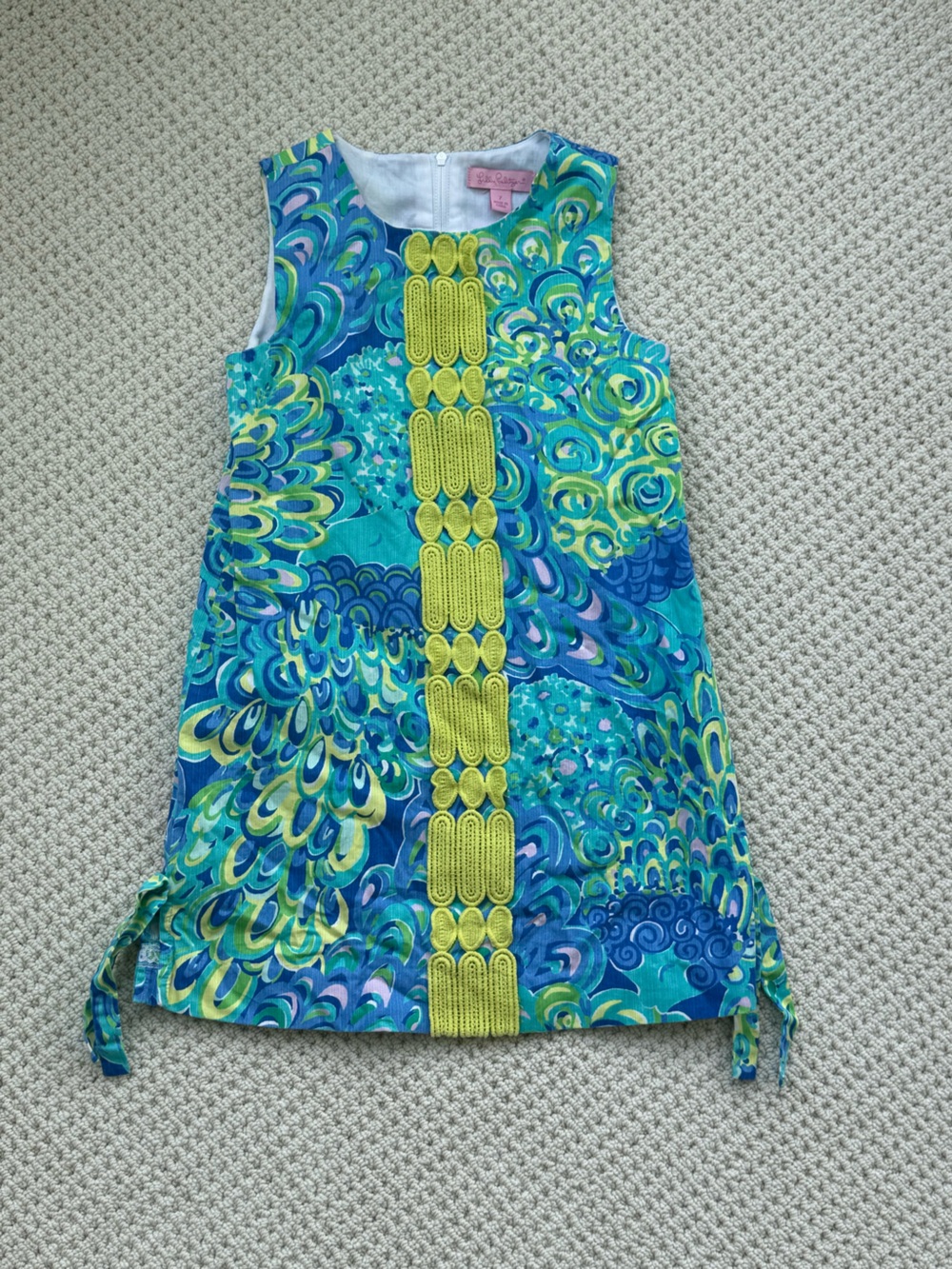 Lilly Pulitzer Girls' Blue Green Print Shift Dress with Yellow Trim